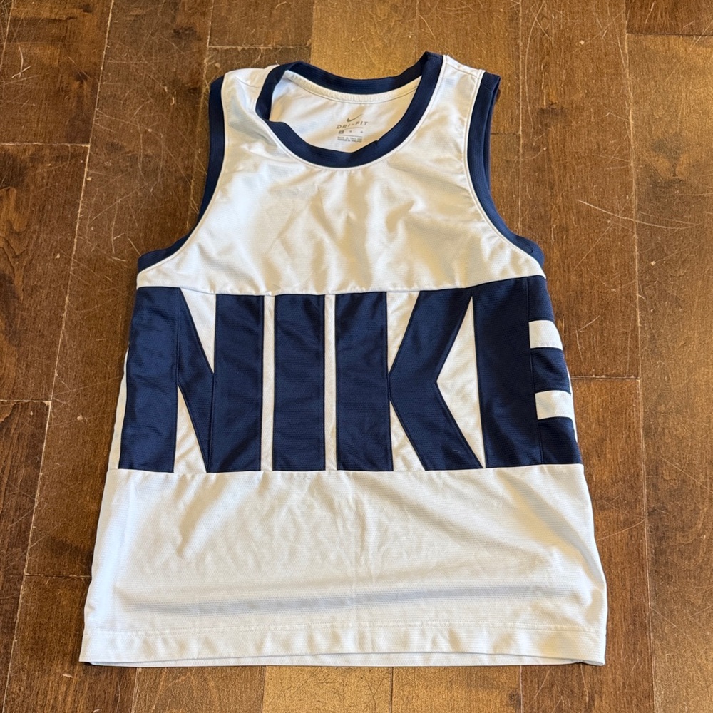 Nike White and Navy Dri-Fit Basketball Tank Top